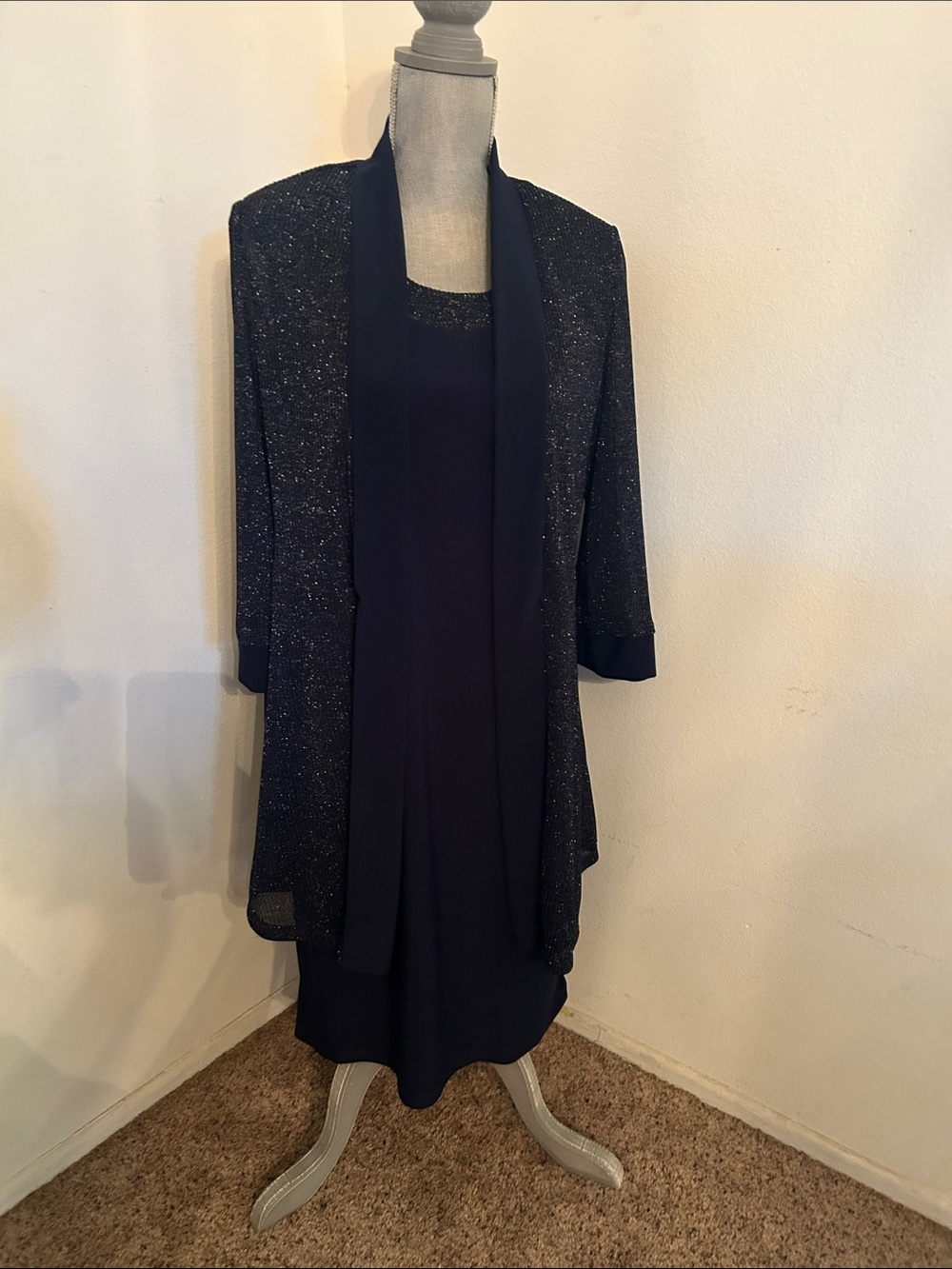 R&M Richards Navy Sparkle Midi Dress with Matching Jacket